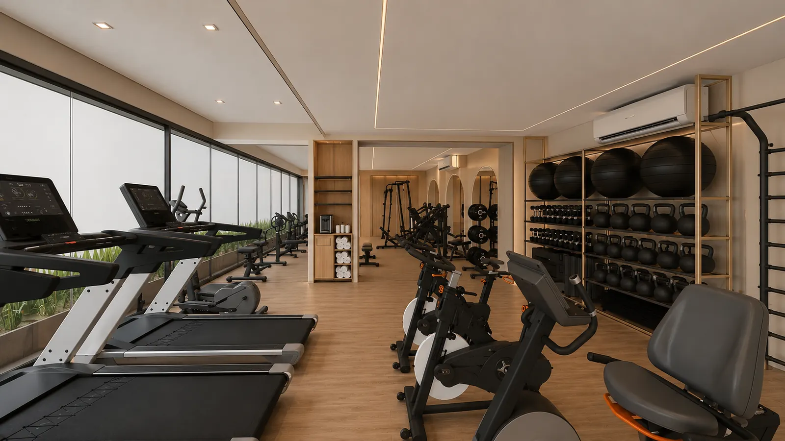Sala de treino do Studio Avitá com equipamentos organizados, luz suave e materiais naturais